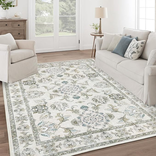 9x12 Washable Area Rugs Beige and Sage Green Vintage Boho Floral Farmhouse Rug for Living Room Bedroom, Non Slip Low Pile Carpet