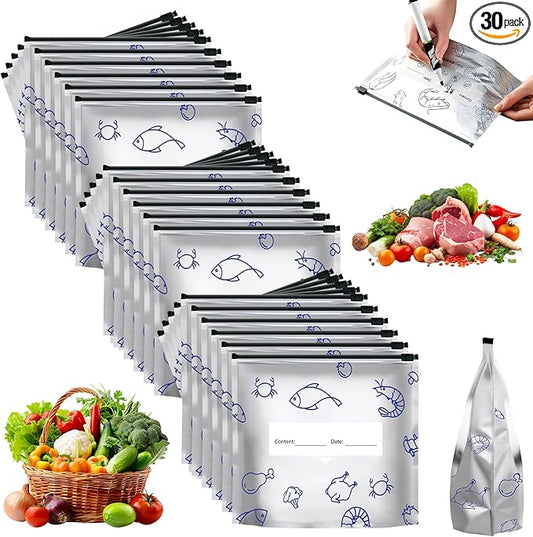 Reusable Aluminum Foil Sealable Storage Bags, 2026 New Resealable Vacuum Zipper Pouches for Food, Stand Up Foil Sealable Bags with Label and Zip Lock for Fruit Vegetable (30, Medium)