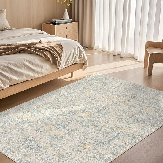 4x6 Area Rug Living Room Rugs - Washable Boho Vintage Floral Large Soft Non Slip Thin Rug Low Pile Carpet for Bedroom Dining Room Kids Playroom Office Decor Indoor- Light Blue