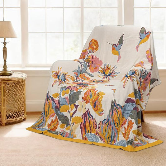 MACEVIA 100% Cotton Boho Throw Blanket, Soft Lightweight Butterfly Floral Design, 60"x80" Twin Size Bedspread for Couch Sofa, Bed, Travel, Cottagecore Decor (Butterfly Floral)