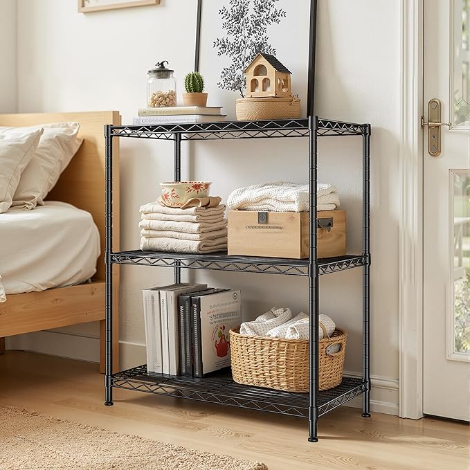 450LBS Storage Shelves 3 Tier Metal Shelving Unit Adjustable Wire Shelving Storage Rack Pantry Shelves for Kitchen Laundry Office Dorm Closet Bathroom 24" W x 30" H x 14" D Black