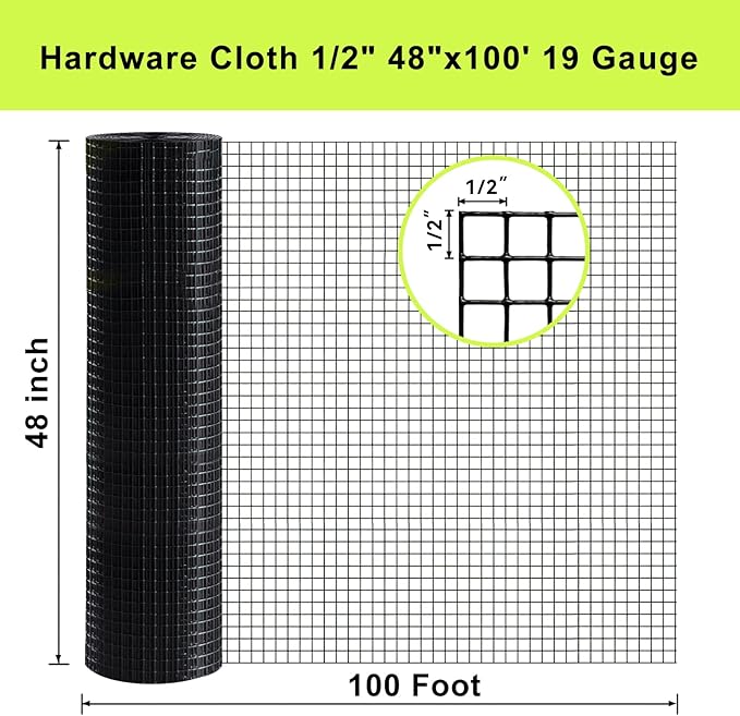 Black Hardware Cloth 48 in × 100 ft, 19 Gauge 1/2 inch Black PVC Vinyl Coated Welded Wire Fence Supports Poultry Netting Chicken Coop Cover Wire Fencing