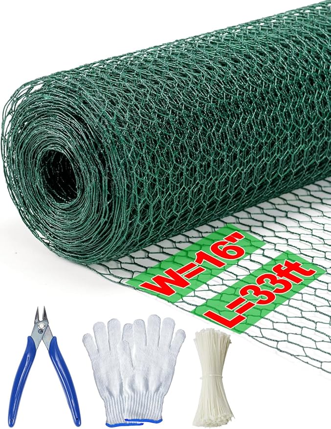 TOYPOPOR Chicken Wire, 16''x 396''/33ft Mesh Roll for Floral Arrangements, Anti-Rust PVC Coated Garden Netting, Rabbit Animal Fence with Cutting Plier, Gloves and Ties for DYI Crafts, Poultry, Garden