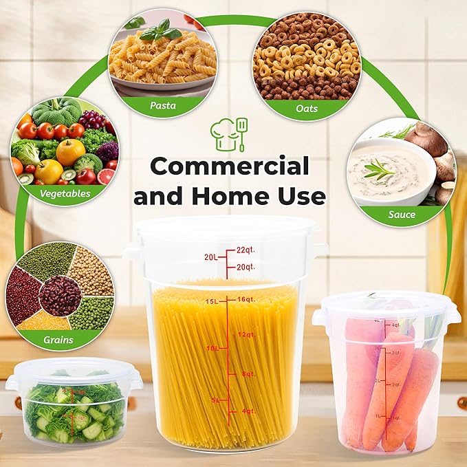 4 Pack Round Food Storage Containers with Lids, 8Qt Translucent Commercial Food Container, Polypropylene, BPA Free, Includes Labels & Measuring Cups