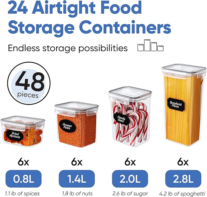 Chef's Path Airtight Food Storage Container Set - 24 Piece, Kitchen & Pantry Organization, BPA-Free, Plastic Canisters with Durable Lids Ideal for Cereal, Flour & Sugar - Labels, Marker & Spoon Set