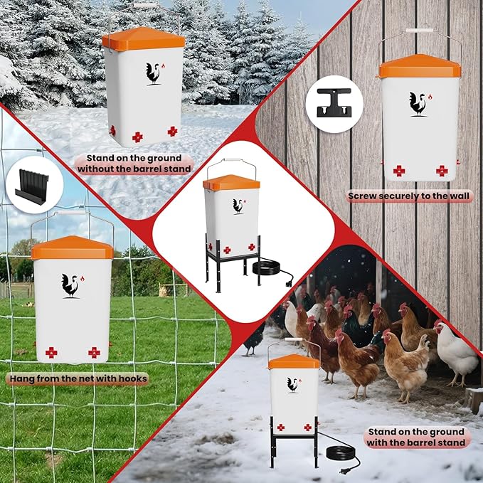 Heated Chicken Waterer, 3.2 Gallon Chickens Poultry Waterer with Nipples, Height Adjustable & Detachable Stand, All-Season Chicken Coop Waterers, Chicken Water Heater (12L, Orange Cover)