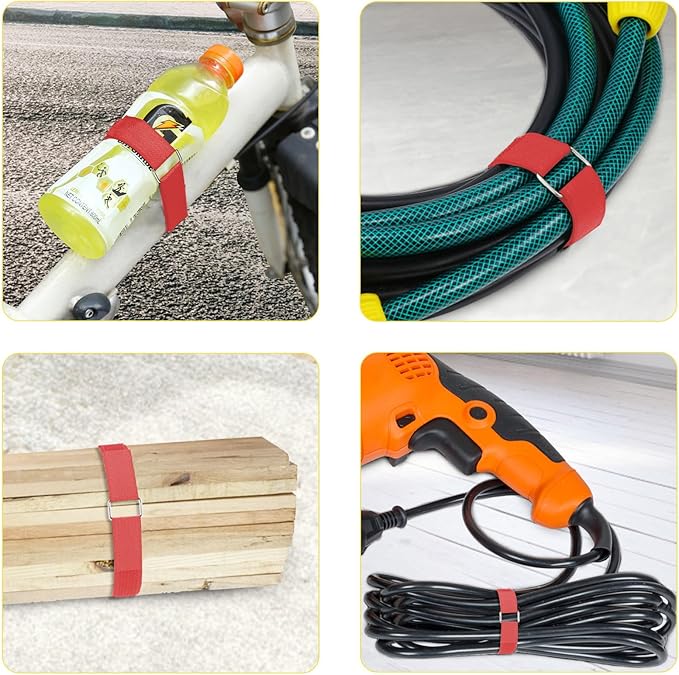 1"x16ft Hook and Loop Straps with 25 Metal Buckles, Adjustable Fastening Cable Straps, Cut-to-Length Cinch Strap, Reusable Nylon Securing Cord Ties for Organizer or Storage, 1 inch Wide,Red
