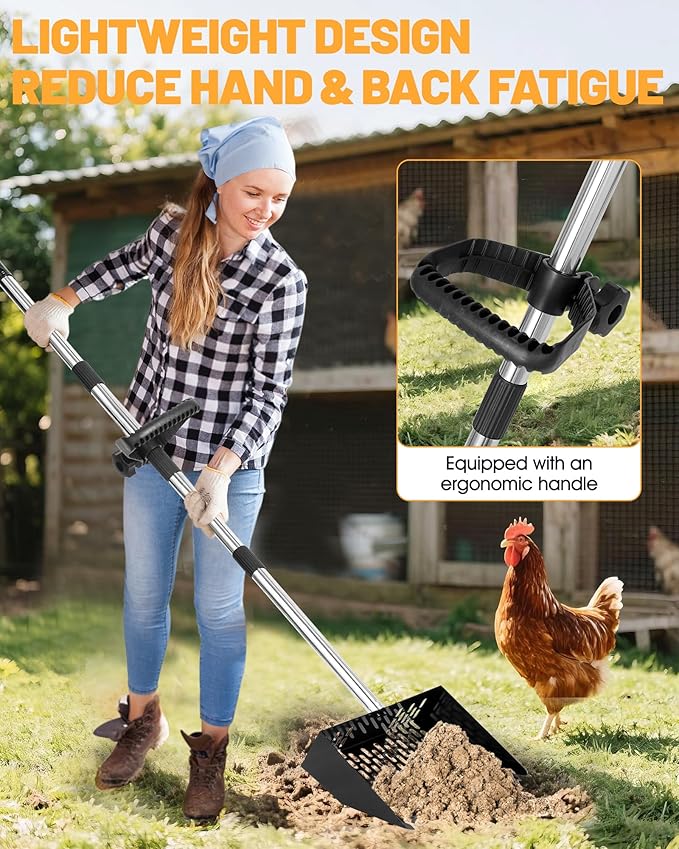 Chicken Poop Scooper and Rake – 2-in-1 Metal Litter Sifter for Chicken Coops, Sand, and Runs with 22–62" Adjustable Handle, Heavy-Duty Cleaning Tool for Chicken and Duck