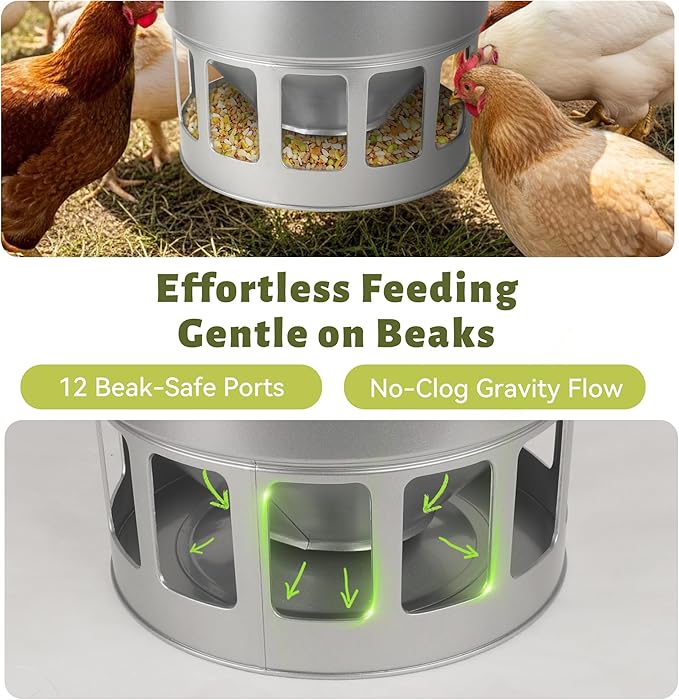 KOL Hanging Chicken Feeder – 20lbs Metal Chicken Feeder, Adjustable Poultry Feeder with 12 Ports, No Installation & Universal Height Design (Silver)