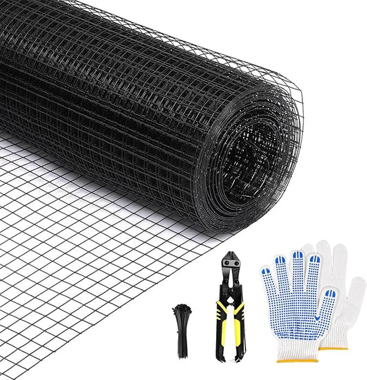 Black Hardware Cloth 24in x 100ft – 19 Gauge Vinyl Coated Steel Wire Mesh Roll, 1" Square Welded Fence for Chicken Coop, Garden Barrier, Animal Control, Outdoor Pet Enclosure, Rodent Proofing