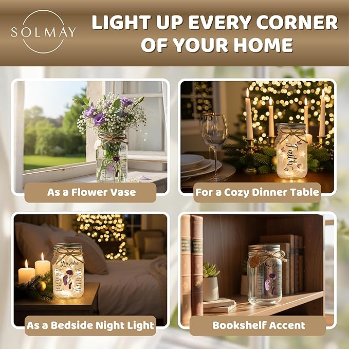 SOLMAY Birthday Gifts for Women – “You Are” Inspirational Mason Jar Night Light, Sentimental Christmas Gifts for Women, Christian Gift for Mom Sister Best Friend, Gratitude Decoration Jar
