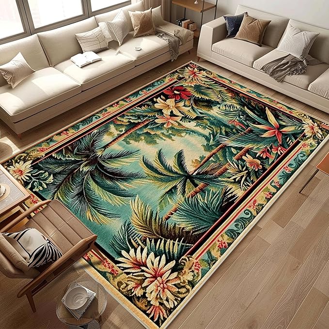 8x10 Tropical Rainforest Area Rugs Boho Forest Botanical Rug for Living Room Indoor Soft Non-Slip Thin Large Carpet Green Rugs for Bedroom Home Decor Under Table Washable Machine
