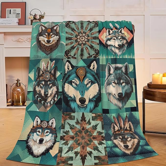 Wolf Cozy Soft Teal Flannel Plush Throw Blanket - Warm Fluffy Wolf Fleece Bedding Stuff Decor - Gifts for Lover Girls Boys Kids Adults Women Bed Travel - 60"x80"
