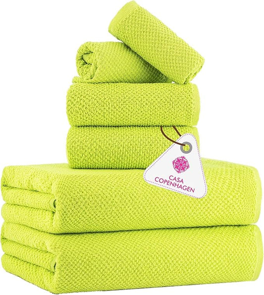 CASA COPENHAGEN Popcorn Textured 6 Pieces Towel Set- Neon Green, 550 GSM 2 Bath Towel 2 Hand Towel 2 Washcloth, Rough & Tough Use Cotton Towels Gift Set for Bathroom