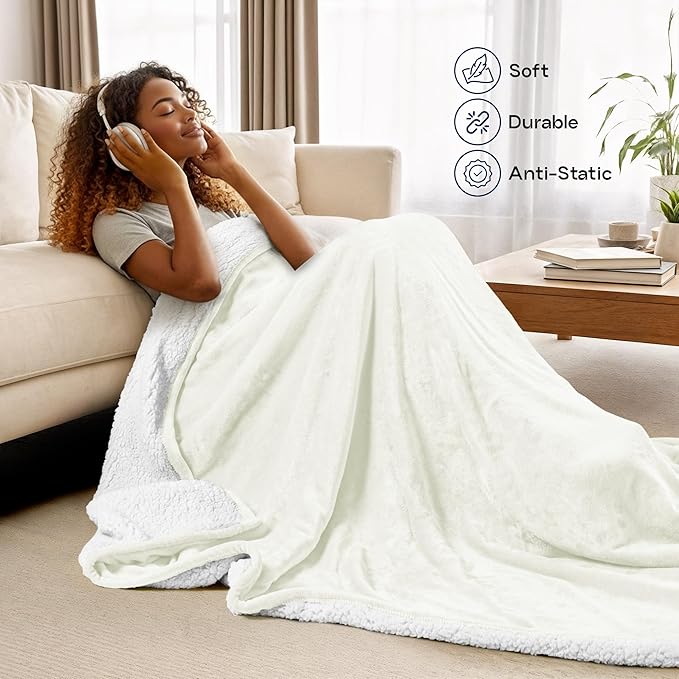 Utopia Bedding Sherpa Blanket California King Size (Ivory, 102x96 Inches) - Soft Plush Fleece Reversible Blanket for Bed, Sofa, Couch, Camping and Travel