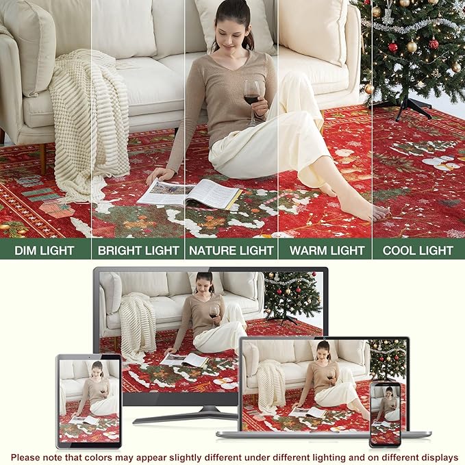 Christmas Area Rug Living Room Rugs: 5x7 Neutral Modern Washable Festive Soft Thin Non-Slip Indoor Carpet for Bedroom Dining Table and Home Office Holiday Decor - Red