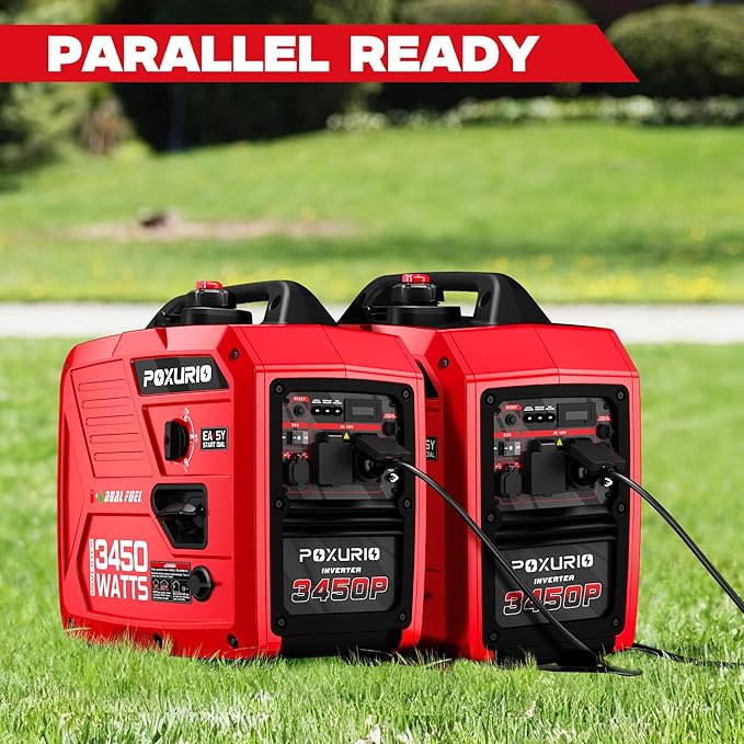3450-Watt Dual Fuel Inverter Generator for Home Use, 1.6Gallon Large Fuel Tank Up to 8.3 Hours Use, 120V Gas Powered Generator Super Quiet, Red