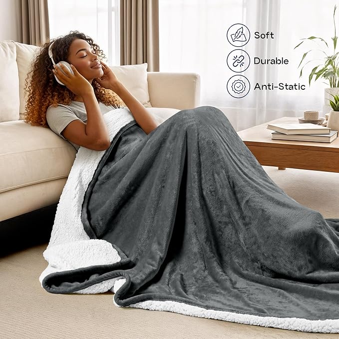 Utopia Bedding Sherpa Blanket Twin Size (Grey, 60x80 Inches) - Soft Lightweight Plush Fleece Reversible Winter Blanket for Bed, Sofa, Couch, Camping and Travel