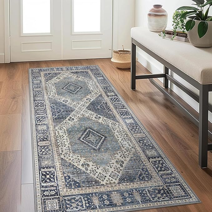 GENIMO 2x7 Runner Rugs for Hallway, Machine Washable Non Slip Vintage Rugs, Low Pile Lightweight Soft Print Rug for enrtyway, Corridor, Home Office, Kitchen, Navy/Cream