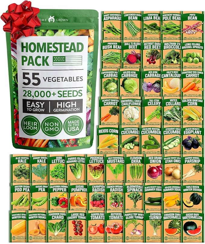 HOME GROWN 55 Vegetable Seeds Pack 28,000+ Non-GMO Heirloom Seeds for Planting Vegetables, Survival Seed Vault, Garden Kit for Spring Fall Winter, Gift for Gardeners