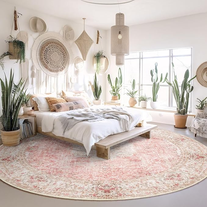 Round Rug 9ft,Large Pink Circle Area Rugs for Bedroom Living Room,Washable Boho Vintage Bohemian Distressed Oriental Floral Carpet Non Slip