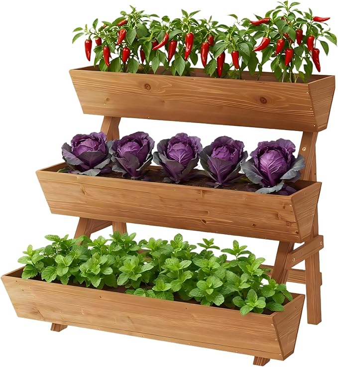 3-Tiers Wooden Raised Garden Bed Tiered Planter Box Vertical Garden Planter Wood Plant Stand for Patio, Balcony, Freestanding. (Brown L)
