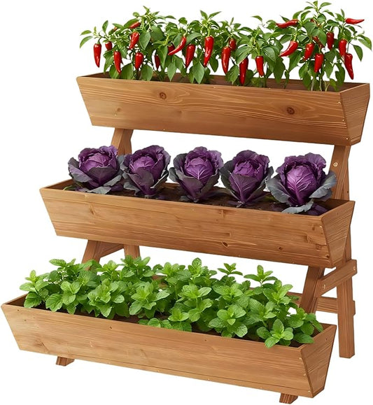 3-Tiers Wooden Raised Garden Bed Tiered Planter Box Vertical Garden Planter Wood Plant Stand for Patio, Balcony, Freestanding. (Brown L)