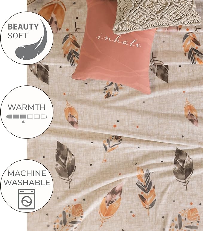 Vianney Feathers King Size Lightweight Fleece Blanket in Cream with Grey and Coral Feather Pattern
