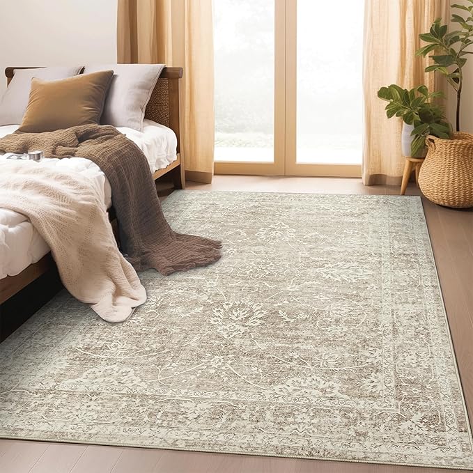 Madane Washable Area Rug 4x6, Low Pile Stain Resistant Vintage Area Rugs, Non Slip Accent Rug Floral Print Indoor Mat for Living Room Kitchen Bedroom, Brown/Sand