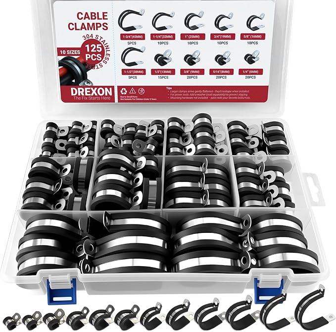 125PCS Cable Clamps Assortments Kit, 10 Sizes from small hose clamps 1/4", 3/8" to 5/8" & 1-3/4" large Stainless Steel Rubber Coated Insulated Cable Clamps for Metal Wire, Cable, Pipe, Hose,Fuel line
