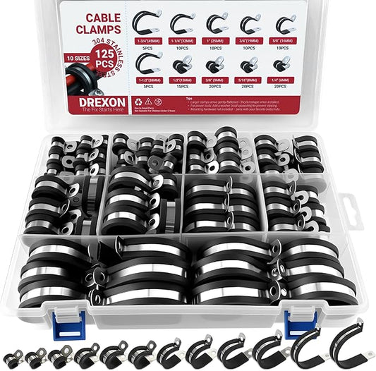 125PCS Cable Clamps Assortments Kit, 10 Sizes from small hose clamps 1/4", 3/8" to 5/8" & 1-3/4" large Stainless Steel Rubber Coated Insulated Cable Clamps for Metal Wire, Cable, Pipe, Hose,Fuel line