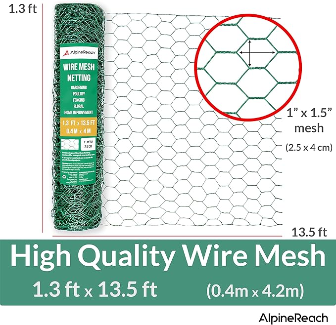 AlpineReach Chicken Wire 1.3ft x 13.5ft (15.6" x 162") for Floral Arrangements, Zip Ties - Green Mesh Roll Galvanized Hexagonal PVC Coated Garden Netting for Fencing, Crafts, Poultry, Gardening Fence