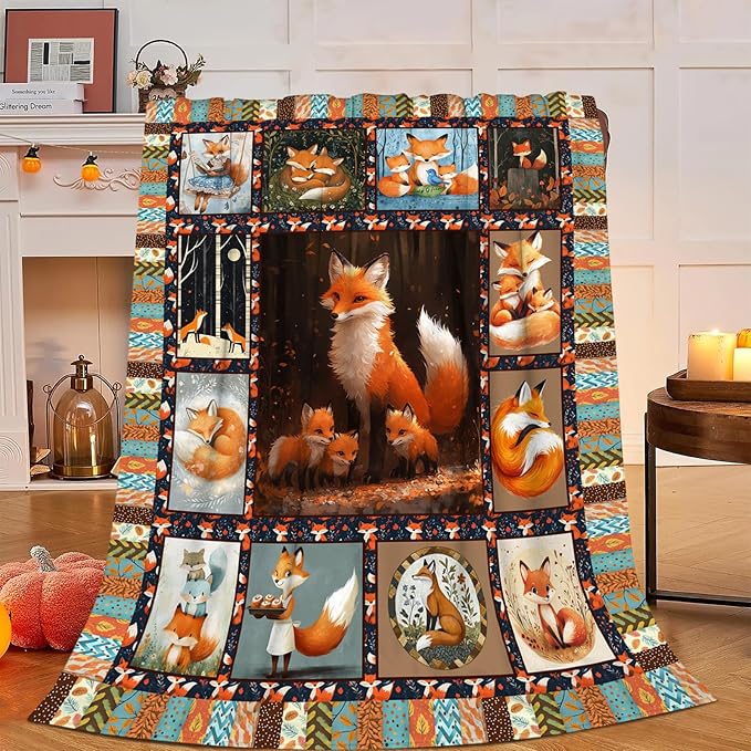 Fox Blanket, Foxes Throw Blanket, Cute Animal Gifts Blankets Stuff Fleece Flannel Plush for Girls Women Men Boys Lovers Adults Soft Bedding Gift for Sofa Bed Office Home Decor 60"x50"