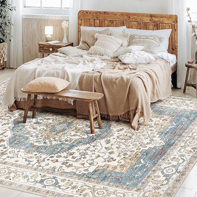 Area Rug for Living Room - 9x12 Soft Washable Oriental Vintage Floral Distressed Large Carpet - Fade Stain Resistant Non Slip Rugs for Bedroom Dining Room Nursery Dorm Office Home Decor - Blue/Beige