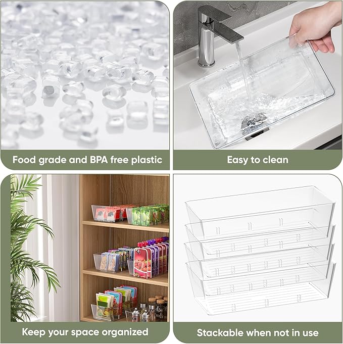 BALEINE Pantry Organizers and Storage Bins, Plastic Clear Storage Bins with 3 Removable Dividers, BPA-Free Fridge Organizers for Kitchen Cabinet Bathroom (10.5x6.1x3.5, 6PK)