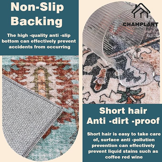 Area Rug 6'x9' Deep Khaki Washable Vintage Traditional Floor Cover Thin Retro Kitchen Indoor Distressed Non Slip Carpet for Living Room Bedroom Dining Room