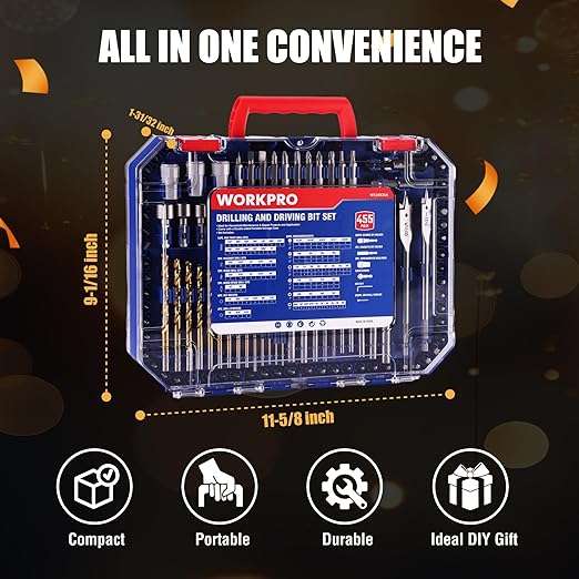 WORKPRO 455-Piece Drill Bit Set and Screwdriver Bit Set, Titanium Twist Drill Bits, Drywall Screws with Double Sided Storage Case, for Wood Metal Plastic Concrete Masonry