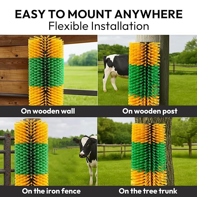 2PCS Livestock Scratching Brushes for Cattle Goats Horses Pigs and Sheep – Durable Farm Back Scratcher with Firm PP Bristles for Grooming and Massage – Easy Mount with 8 Screws