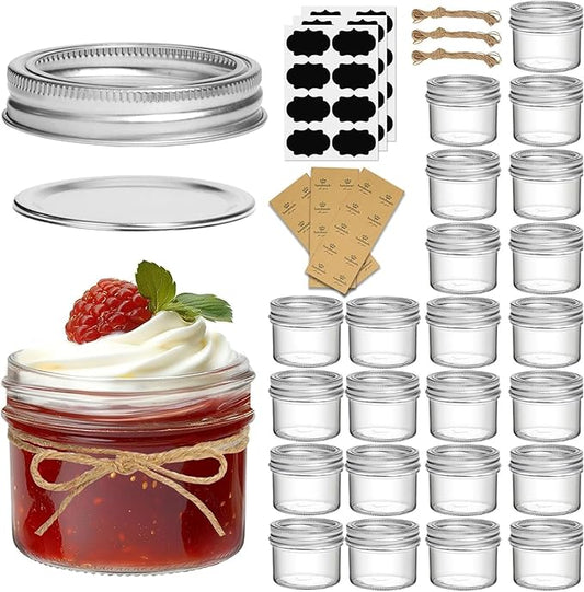 ComSaf Small Regular Mouth Mason Jars 4 oz, 24 Pcs Mini Mason Containers, Small Canning Jars, 4 oz Glass Jar with Lids for Mustards, Dipping Sauces, Jelly, DIY Candle Decor, Wedding Shower Favors
