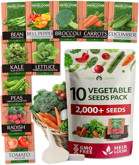 HOME GROWN Premium USA-Grown Vegetable Seeds - 10 Variety Pack with 2,000+ Non-GMO Heirloom Seeds for Planting - Garden Vegetable Seeds for Indoor & Outdoor Planting - Survival Seed Vault Kit