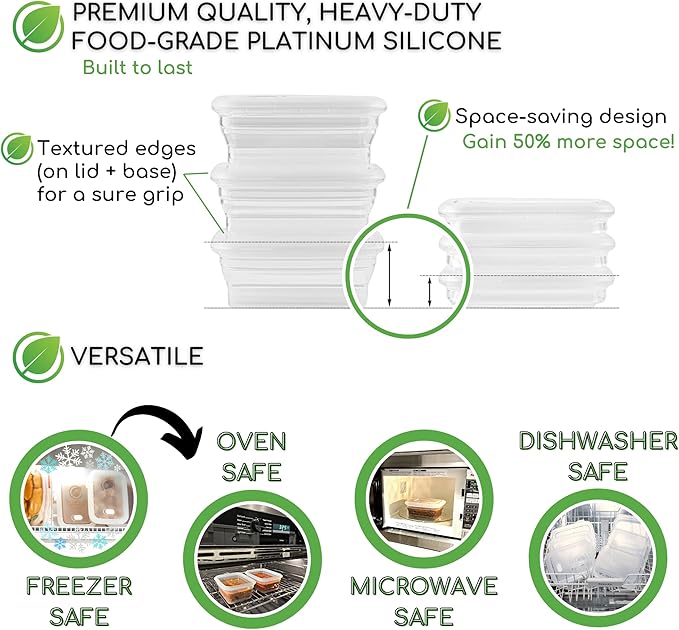 Premium Silicone Collapsible Food Storage Containers with Silicone Leakproof Lids, BPA Free, LFGB Food-Grade Certified, Compact, Reusable Lunch Snack Box, Microwave Safe, 2.8 Cups 3 Pk