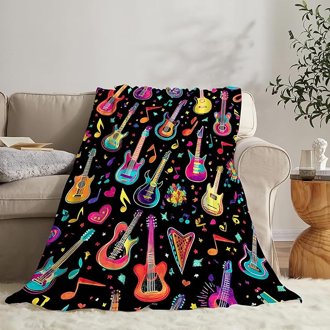 Guitar Blanket Gifts for Girls Boys Soft Warm Plush Colorful Musical Guitar Throw Blanket Flannel Fleece Fuzzy Electric Music Blankets for Lovers Kids Bed Couch Living Room Decor 60"X50"