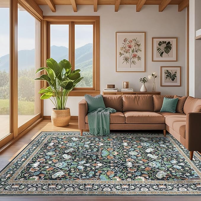 5x8 Area Rug Living Room Rugs - Washable Boho Vintage Floral Large Soft Non Slip Thin Rug Low Pile Carpet for Bedroom Dining Room Kids Playroom Office Decor Indoor- Black Blue