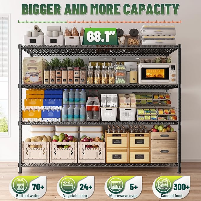 68.1"W Storage Shelves 2500LBS Wire Shelving Unit, Garage Shelving Heavy Duty, Adjustable Metal Shelving for Garage, Pantry, Kitchen, Basement, Warehouse, Business 68.1"W x 20.9"D x 70.9"H