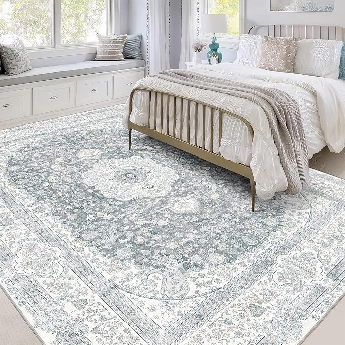 5x7 Area Rugs Washable,Grey Rug for Living Room Bedroom Kitchen,Large Boho Vintage Bohemian Distressed Carpet Non Slip,Floral