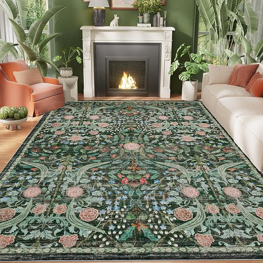 AMTOVO 5x7 Washable Area Rugs for Living Room, Vintage Boho Floral Distressed Print Non-Slip Carpet, Soft Colorful Accent Rug for Bedroom Dining Room Playroom Nursery Farmhouse Girls Room, Dark Green