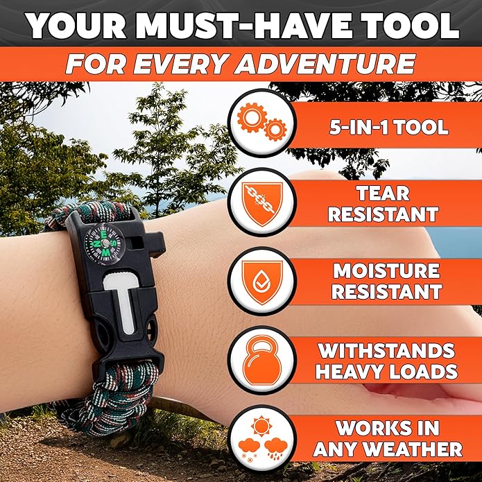 2Pack Survival Paracord Bracelet – 5-in-1 Adjustable Tactical Bracelet for Men with 10 ft Paracord, Flint Fire Starter, Compass, Whistle & Scraper – Survival Gear for Camping, Hiking, Fishing & Travel