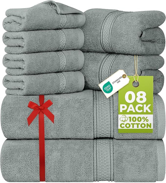 Utopia Towels 8 Piece Luxury Towel Set – Majestic Plush, Super Absorbent & Quicker-to-Dry, Thick 100% Ring Spun Cotton Towels for Bathroom, Spa & Hotel – 2 Bath, 2 Hand, 4 Washcloths, Cool Grey