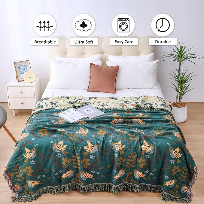 Boho Large Throw Blanket for Bed, 100% Muslin Cotton Soft Breathable Throw-Floral Bird Rustic Decor Blanket for Couch Sofa Quilt and Gift, 60" x 80"-Teal/Beige