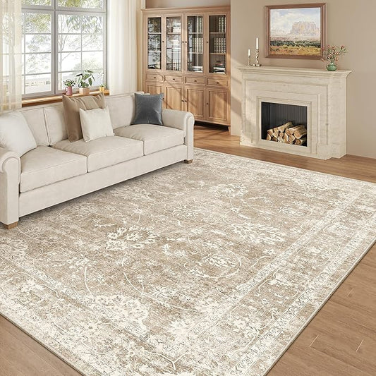 Madane Washable 6x9 Area Rugs for Living Room, Vintage Natural Rug with Non-Slip Backing, Soft Stain Resistant Throw Rugs Thin Carpet for Bedroom Dining Room Farmhouse (6 x 9, Brown/Sand)